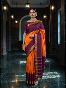Mimosa - Women's Orange Crepe Mysore Silk Trendy Saree
