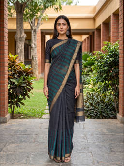 Mimosa - Navy Blue Tusser Banarasi Saree