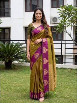 Mimosa - Olive Art Silk Kanjivaram Zari Woven Saree