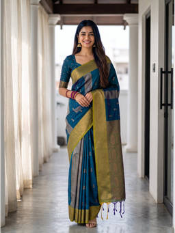 Mimosa - Teal Art Silk Kanjivaram Zari Woven Saree