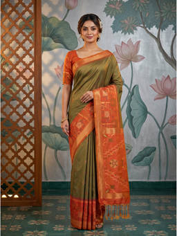 Mimosa - Olive Art Silk Pochampally Zari Woven Saree