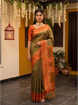 Mimosa - Olive Art Silk Pochampally Zari Woven Saree