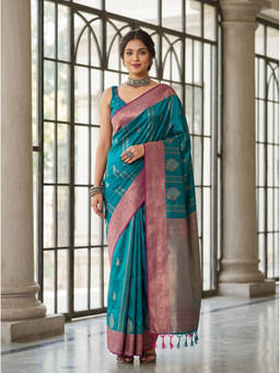 Mimosa - Teal Art Silk Kanjivaram Zari Woven Saree