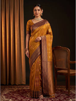Mimosa - Women's Mustard Art Silk Kanjivaram Stylish Saree