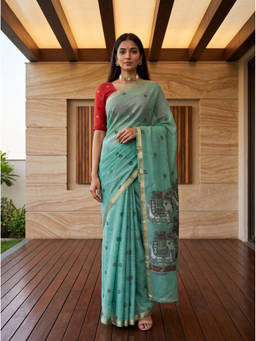 Mimosa - Women's Turquoise Linen Banarasi Trendy Saree