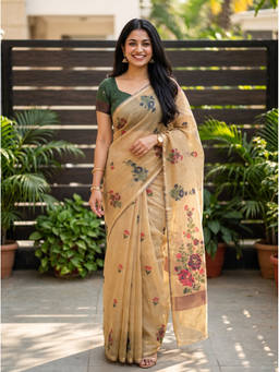 Mimosa - Women's Beige Linen Banarasi Elegant Saree
