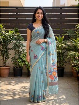 Mimosa - Blue Women's Linen Banarasi Saree
