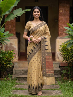Mimosa - Women's Beige Linen Banarasi Classic Saree