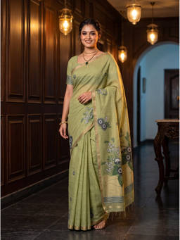 Mimosa - Women's Green Linen Banarasi Stylish Saree