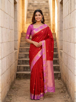 Mimosa - Women's Red Crepe Mysore Silk Festive Saree