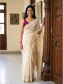 Mimosa - Women's White Crepe Mysore Silk Saree