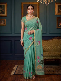 Mimosa - Women's Turquoise Linen Banarasi Elegant Saree