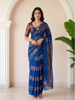 Mimosa - Women's Blue Crepe Banarasi Saree