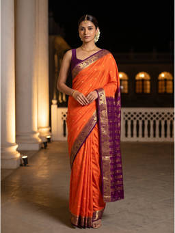 Mimosa - Women's Orange Crepe Mysore Silk Traditional Saree