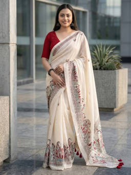 URBAN PALLU - Women's Silk Blend Printed Off White Saree