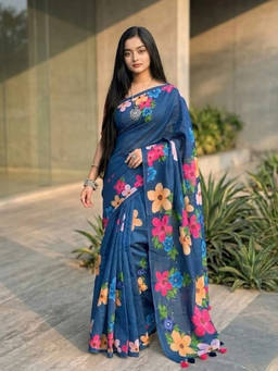 URBAN PALLU - Women's Organza Floral Printed Blue Saree