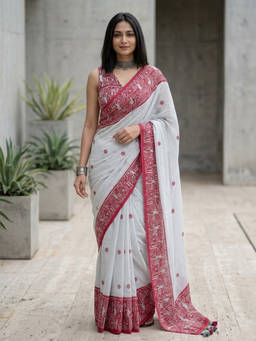 URBAN PALLU - Women's Poly Georgette Printed White Saree