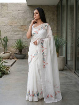 URBAN PALLU - Women's Organza Floral Printed White Saree