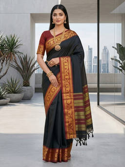 URBAN PALLU - Women's Silk Blend Printed Black Saree