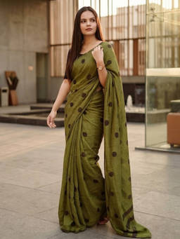 URBAN PALLU - Women's Cotton Blend Geometric Green Saree