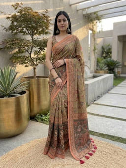 URBAN PALLU - Women's Linen Blend Floral Printed Green Saree