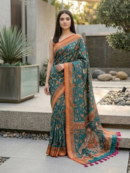 URBAN PALLU - Women's Linen Blend Floral Printed Blue Saree