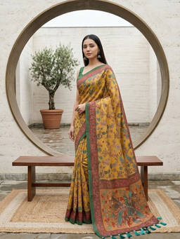 URBAN PALLU - Women's Linen Blend Floral Printed Yellow Saree