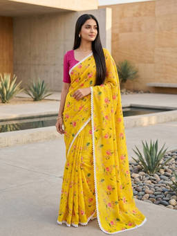 URBAN PALLU - Women's Cotton Blend Floral Printed Yellow Saree
