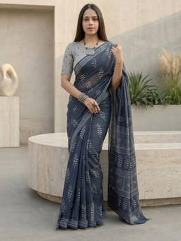 URBAN PALLU - Women's Cotton Blend Floral Printed Grey Saree