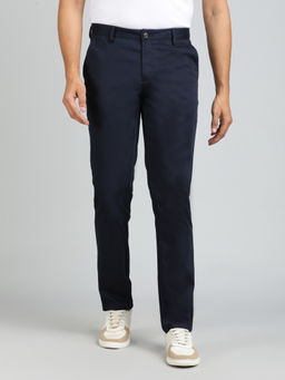 JadeBlue - Navy Blue Cotton Stretch Solid Casual Trouser