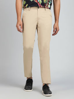 JadeBlue - Beige Cotton Stretch Solid Casual Trouser