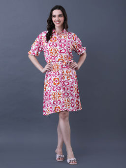 ANVI Be Yourself - Women Floral Printed Multi Rayon Collared Neck Puff Sleeve Dress With Belt