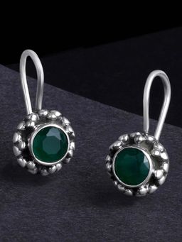 Peora - 925 Sterling Silver CZ Oxidised Finish Anti Tarnish Faux Emerald Green Earrings-PF59E70G