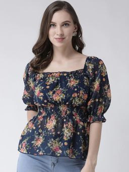 KASSUALLY - Navy Blue Floral Cinched Waist Smocked Top