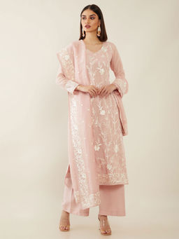 Soch - Blush Pink Machine Embroidery Organza Unstitched Dress Material - 3 Meter Kurta Fabric
