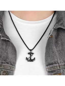 Yellow Chimes - Men Rhodium-Plated Black Stainless Steel Sailor Anchor Pendant With Chain