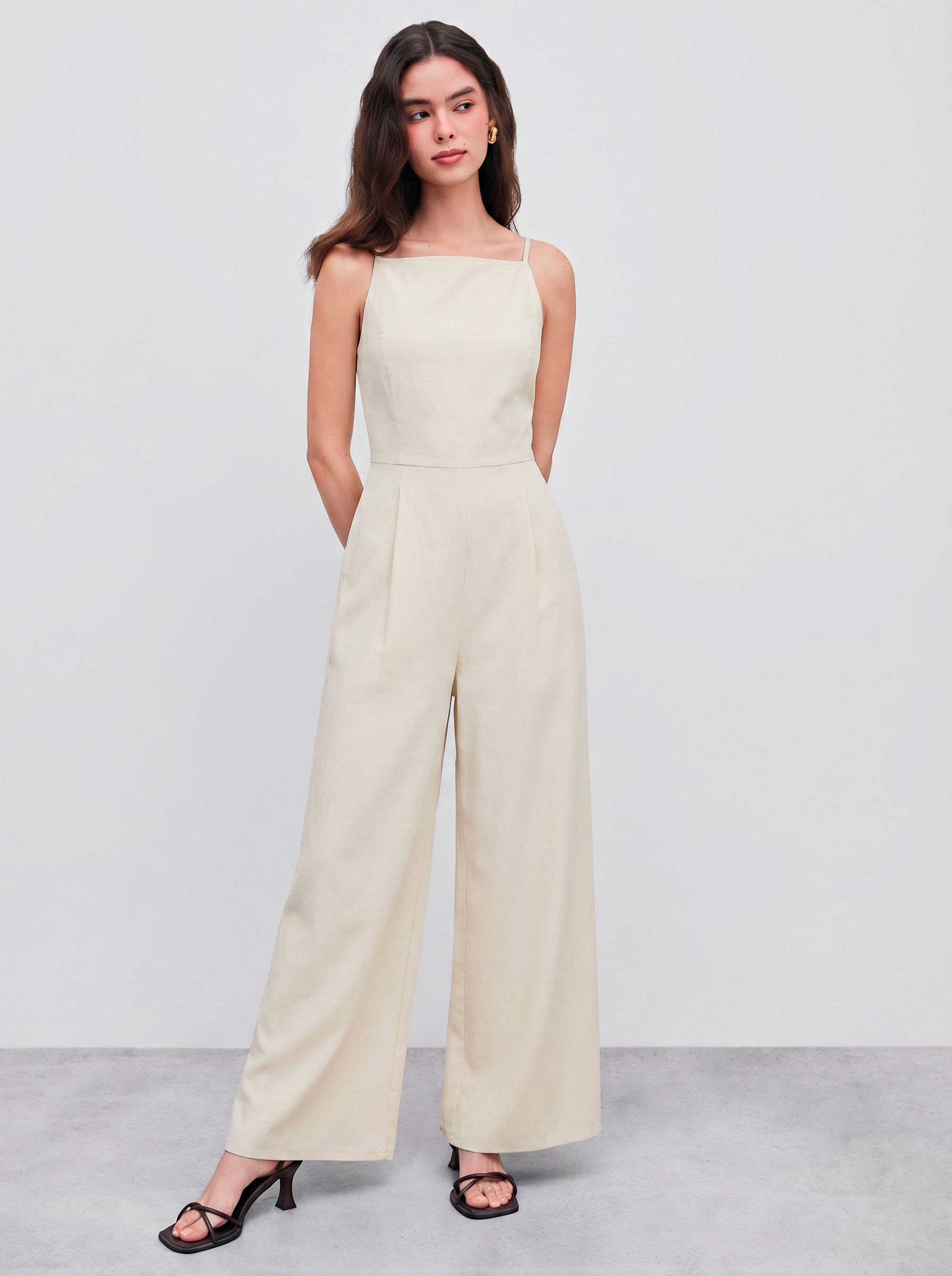 cider Cotton-blend Square Neck Solid Shirred Jumpsuit-picture-43