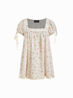 Cider - Square Neck Solid Ruffle Knotted Short Sleeve Blouse