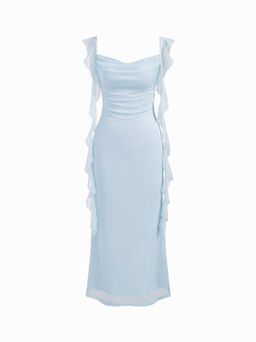 Cider - Cowl Neck Solid Glitter Ruffle Hem Maxi Dress