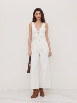 Cider - Denim V-neck Button Pocket Wide Leg Jumpsuit