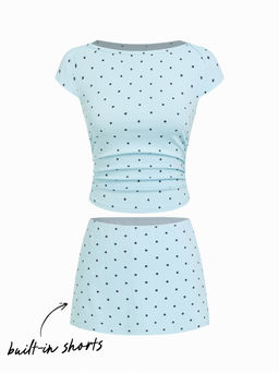 Cider - Cotton-blend Boat Neck Polka Dot Ruched Tee & Mini Skort