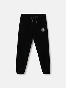 Blue Giraffe - Girls Black Solid Regular Fit Mid-Rise Trackpant