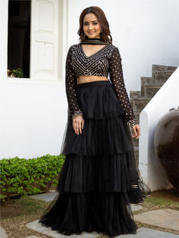 Lavanya The Label - Black Net Tiered Flared Lehenga (Set of 3)