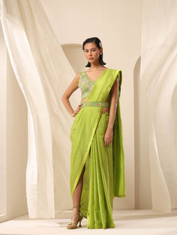 WeaverStory - Lime Green Pure Silk Saree with Unstitched Blouse
