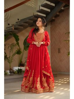 JATRIQQ - Women Red Embroidered Flared Dress with Dupatta (Set of 2)