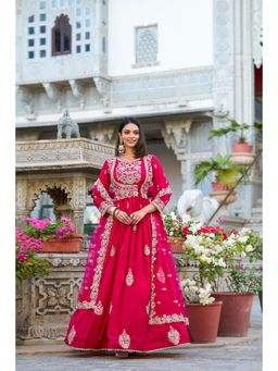 JATRIQQ - Women Pink Embroidered Flared Dress with Dupatta (Set of 2)