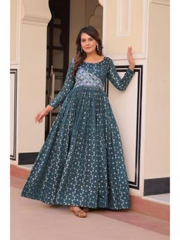 JATRIQQ - Women Teal Printed Flared Dress with Dupatta (Set of 2)