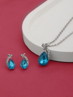 Carlton London - Silver Plated Cz Dangling Crystal Pendant Necklace with Chain and Earring Set