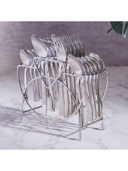 HomeTown - Utsav Stainless Steel Classic Cutlery Set Of 24 Pieces With Stand In Silver Colour