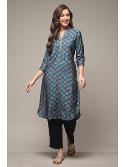 Biba - Womens Teal Printed Poly Viscose Straight Kurta